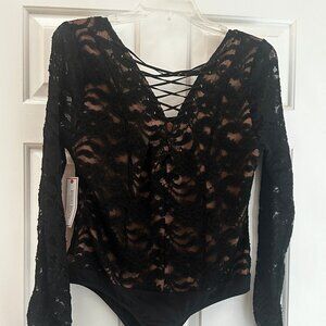 NWT Bisou Bisou Women`s Black Lace Bodysuit Blouse Lace-up Back SEXY! Size L